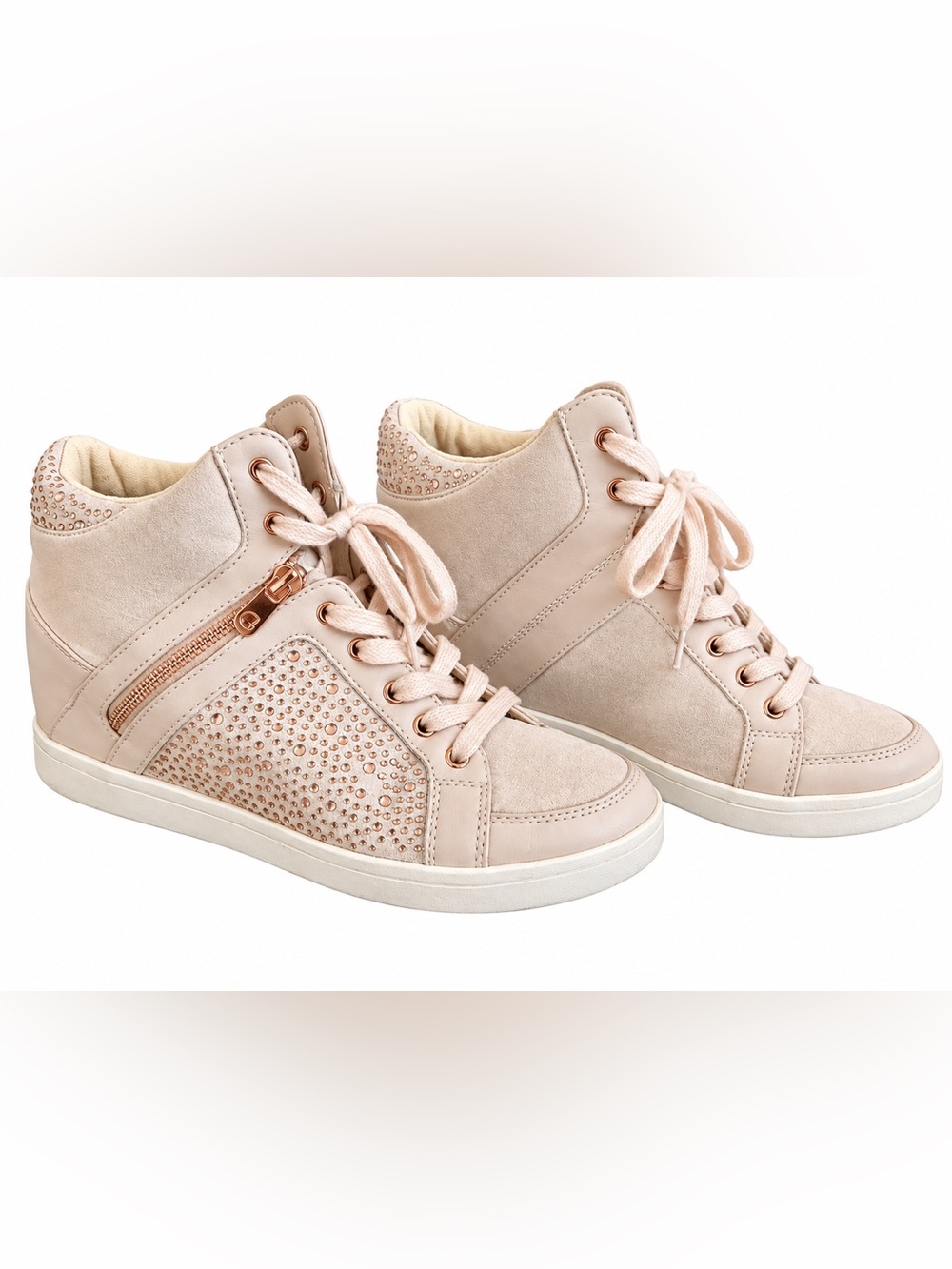 Guess Y2K Rhinestone Wedge High-Top Sneakers Nude Rose Gold Size 9